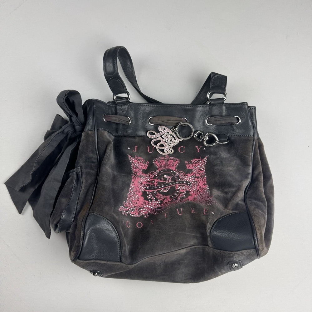 Vintage Juicy Couture Daydreamer Gray Pink Velour Scottie Dog Y2K Bow Bag